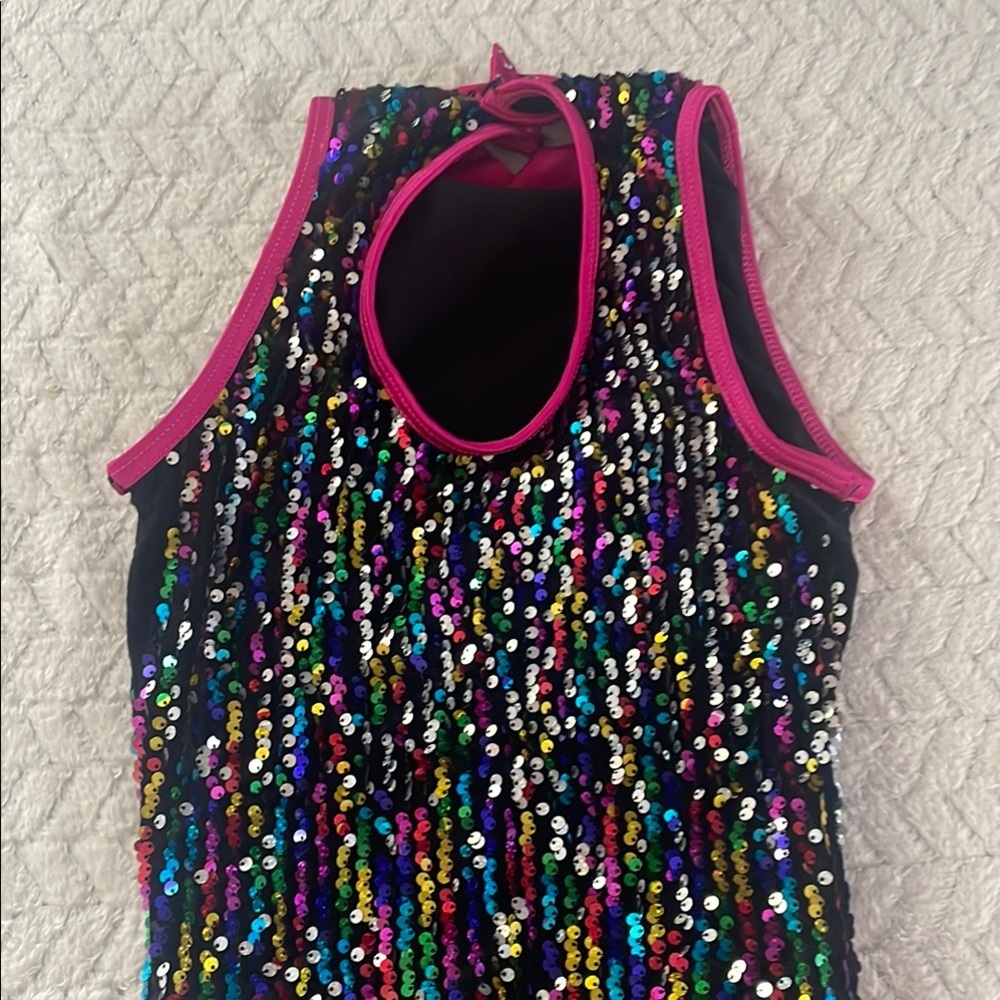 Weissman Multicolor Sequin Fringe Dance Costume with Pink Trim - Picture 5 of 8